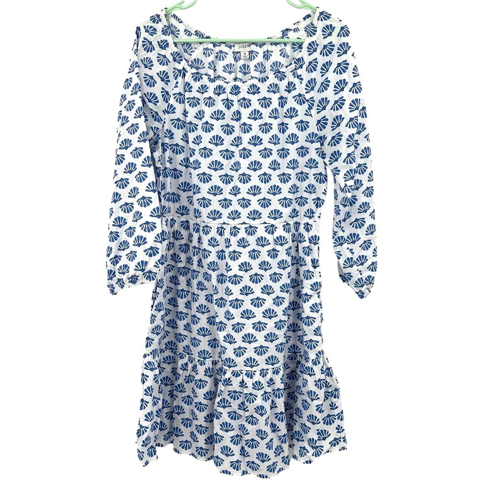 J Crew Size 8 Dress White Blue‎ Scalloped Peasant Cottagecore Long Sleeve Ruffle